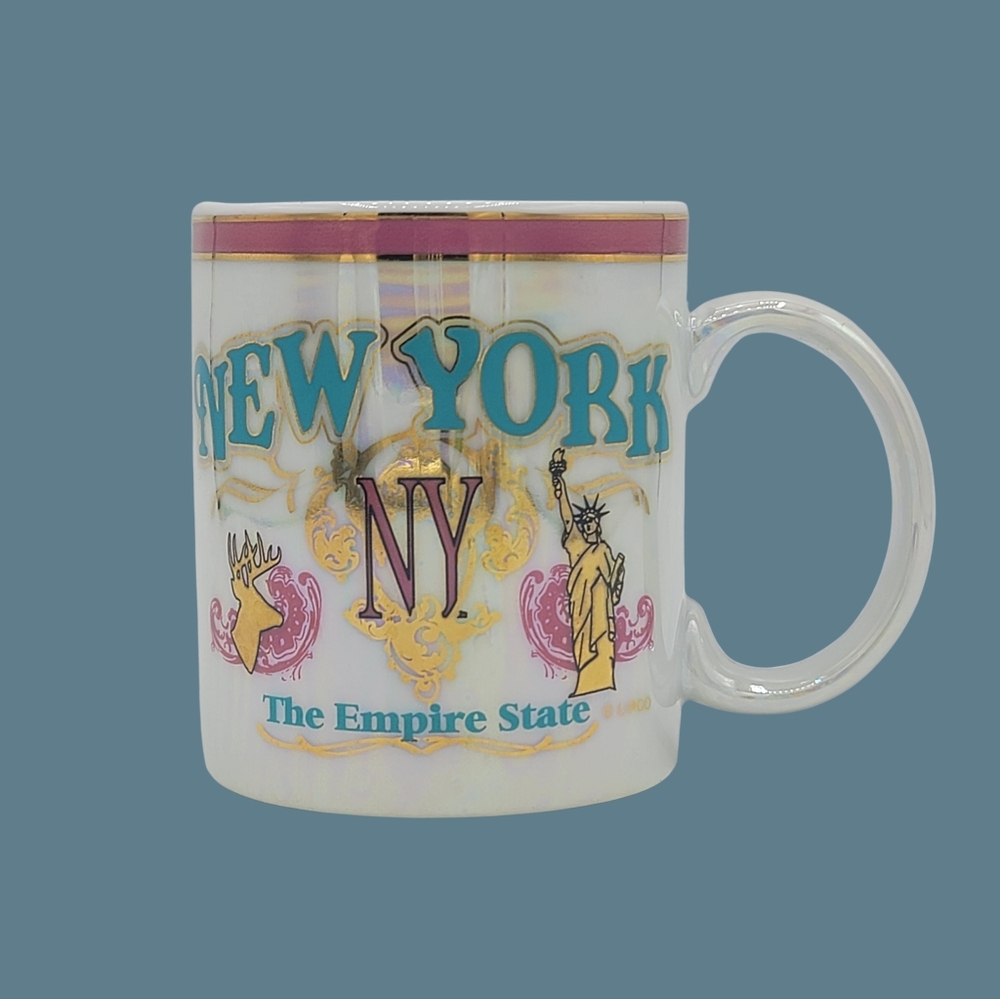 NY Lusterware Mug Statue of Liberty Empire State Iridescent LIPCO 80s Vintage